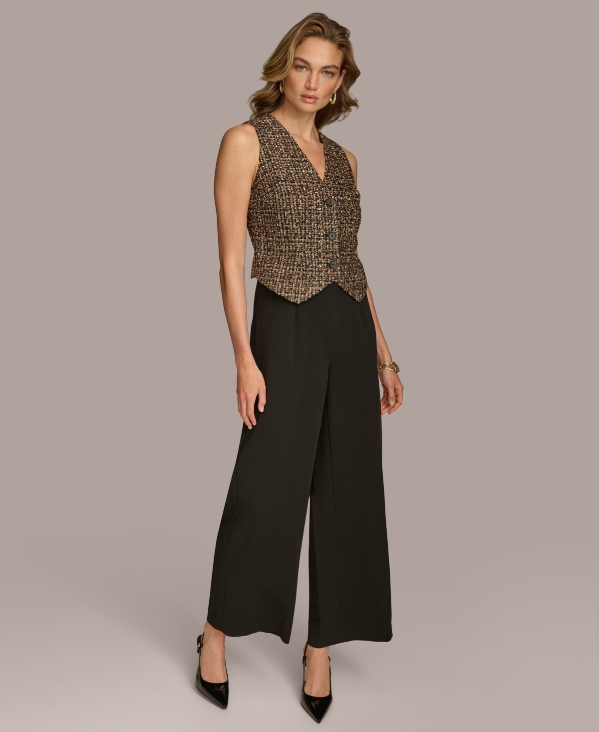 Donna Karan Women's Tweed-bodice Wide-leg Jumpsuit In Elderberry