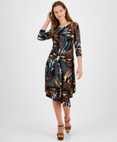 Robbie Bee Petite 3/4-Sleeve Asymmetrical-Hem Dress - Teal Multi
