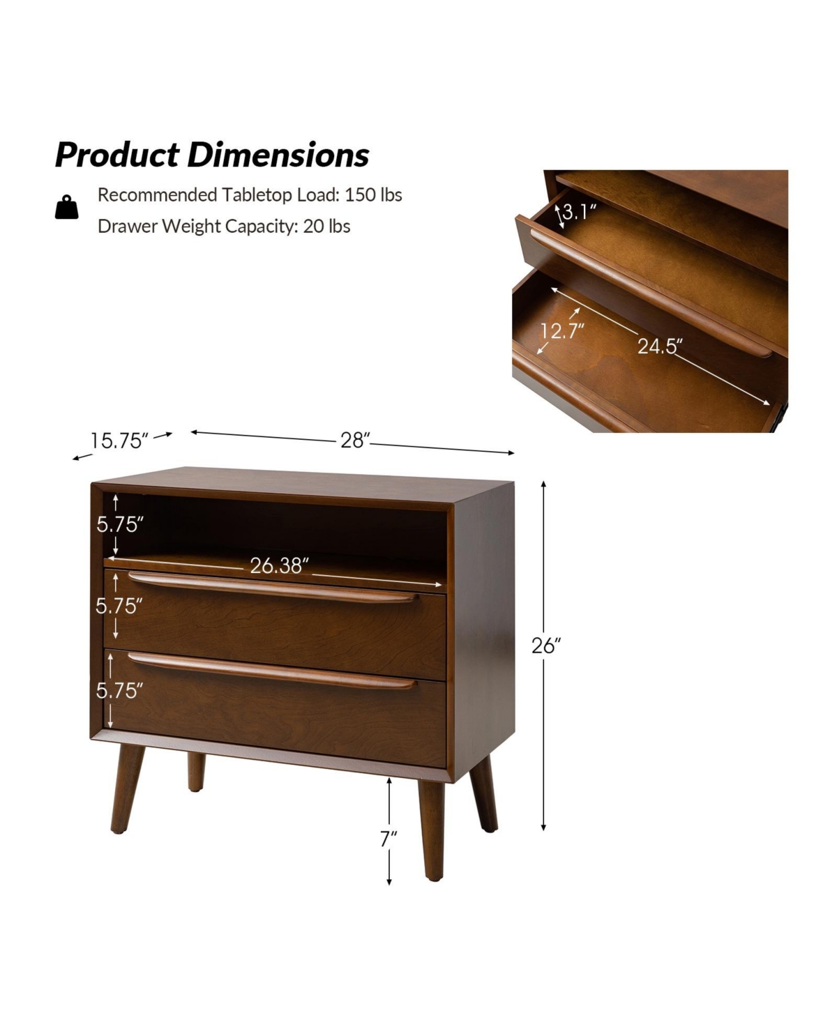 Hulala Home Kay Mid-century Modern 2 - Drawer Nightstand with Built-In Outlets
