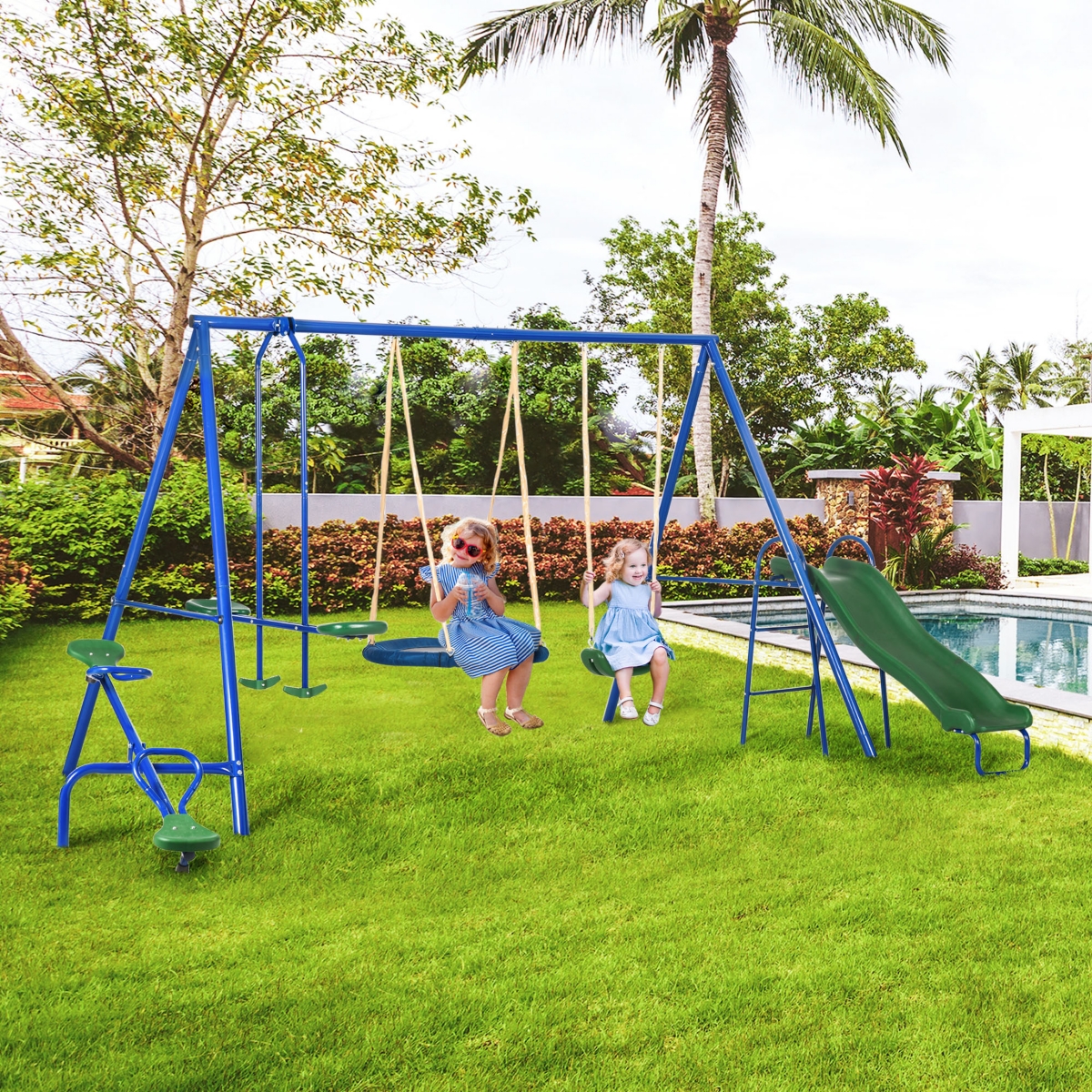 Outsunny 5-in-1 Kids Swing Set Backyard Playground Set with Saucer Swing, Outdoor Slide, Seesaw, Metal Swing Set Kids Outdoor Playset Playground Equip