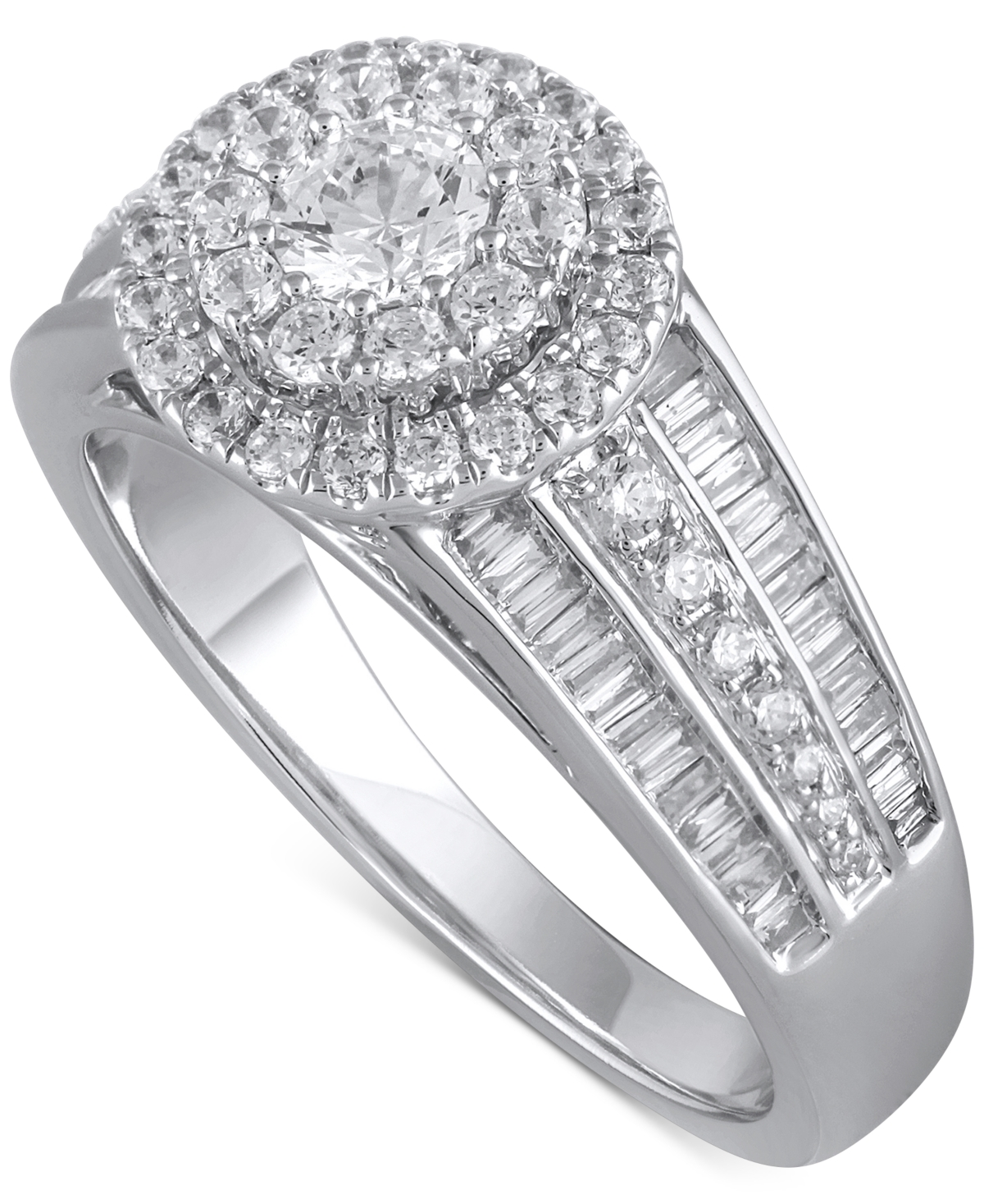 Macy's Diamond Round & Baguette Double Halo Engagement Ring (1 Ct. T.w.) In 14k White Gold In White Gold