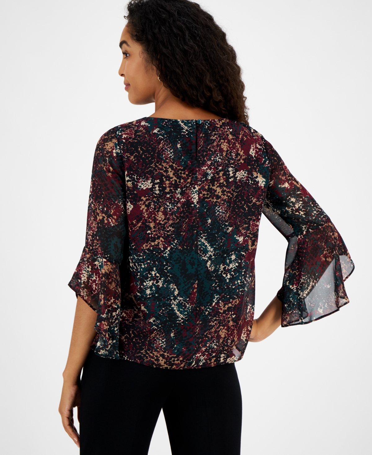 Kasper Women's Floral-Print Bell-Sleeve Ruffle Blouse