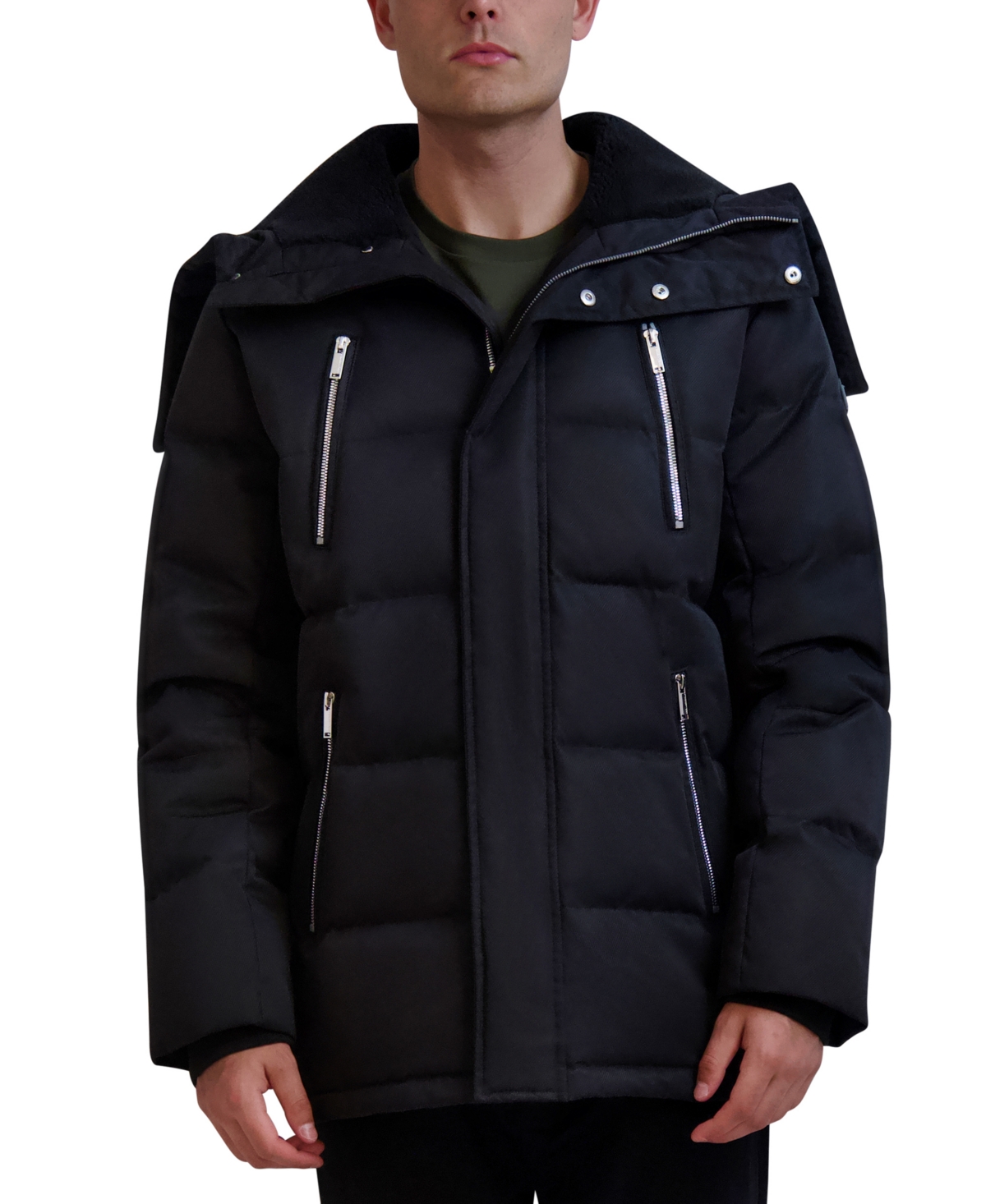 Karl Lagerfeld Men's Faux Shearling Wing Collar Down Jacket In Black