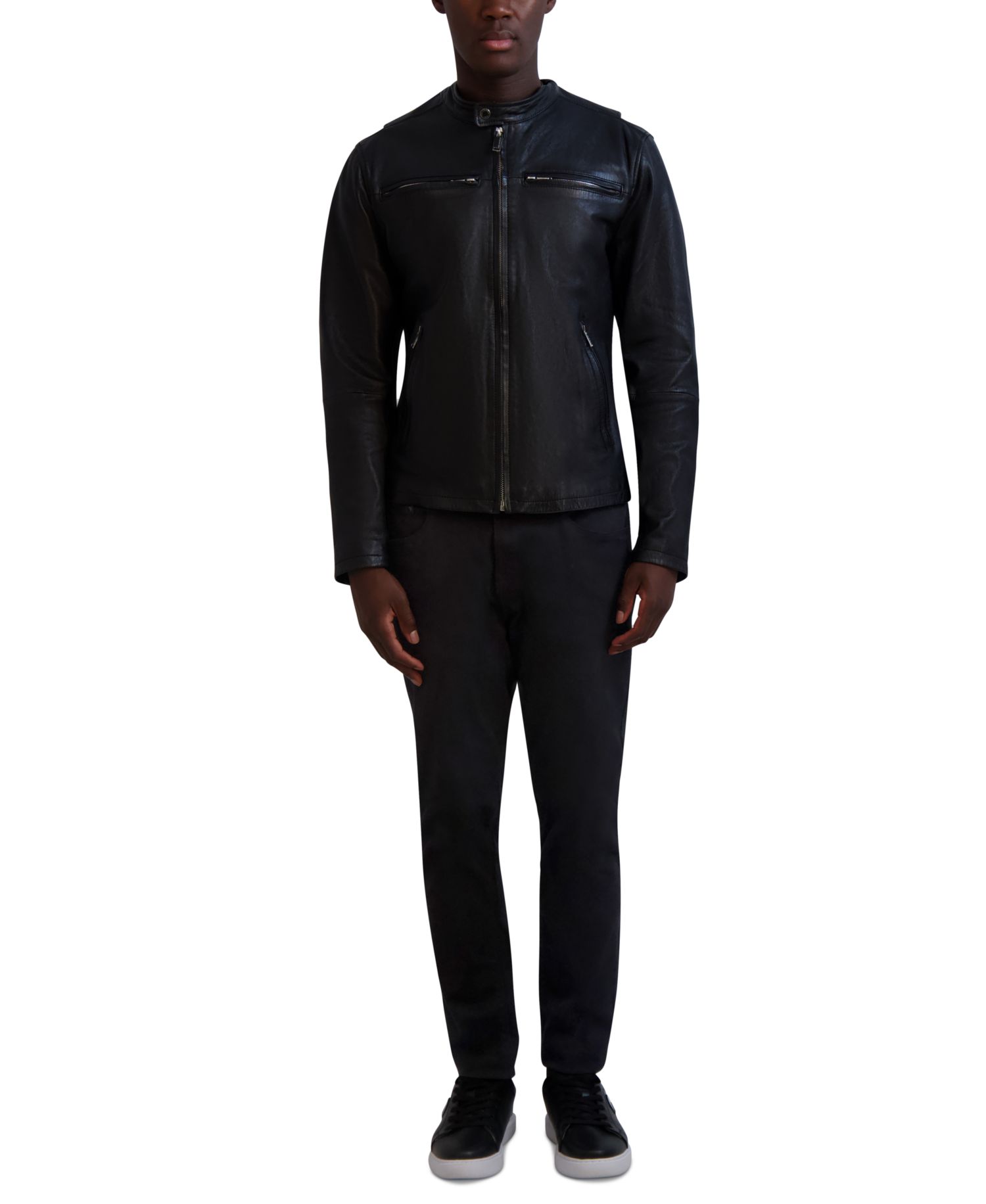 Paris Men's Band-Collar Distressed Leather Jacket