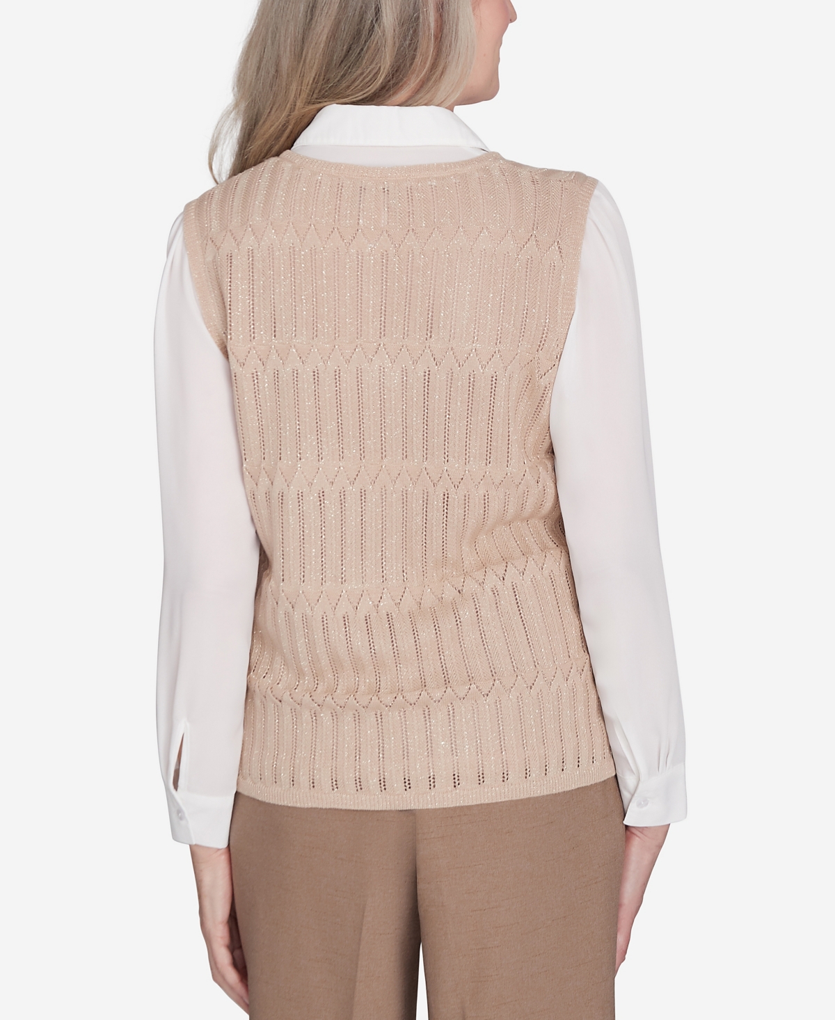 Alfred Dunner Plus Size Emerald Isle Two In One Textured Sweater Vest With A Detachable Necklace In Cashew