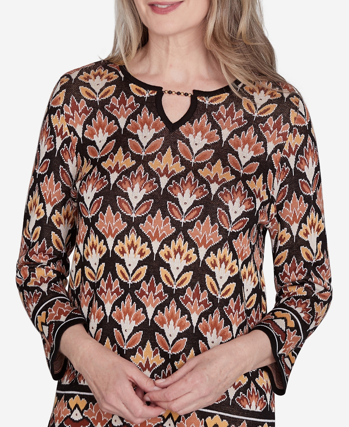 Alfred Dunner Plus Size Rue Rivoli Medallion Beaded Split Neck Sweater In Neutral Multi