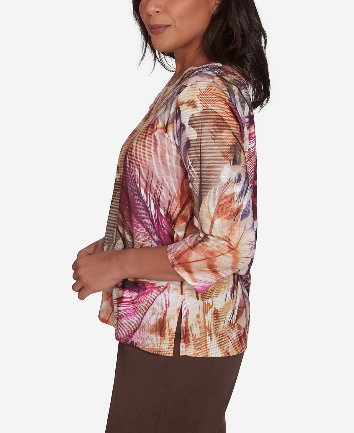 Alfred Dunner Women's Wine Country Feathers Lace Detailed Crew Neck Top