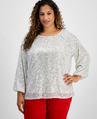 JM Collection Plus Size Boat Neck Gathered Sequin Long Sleeve Top Created for Macy s Macy s