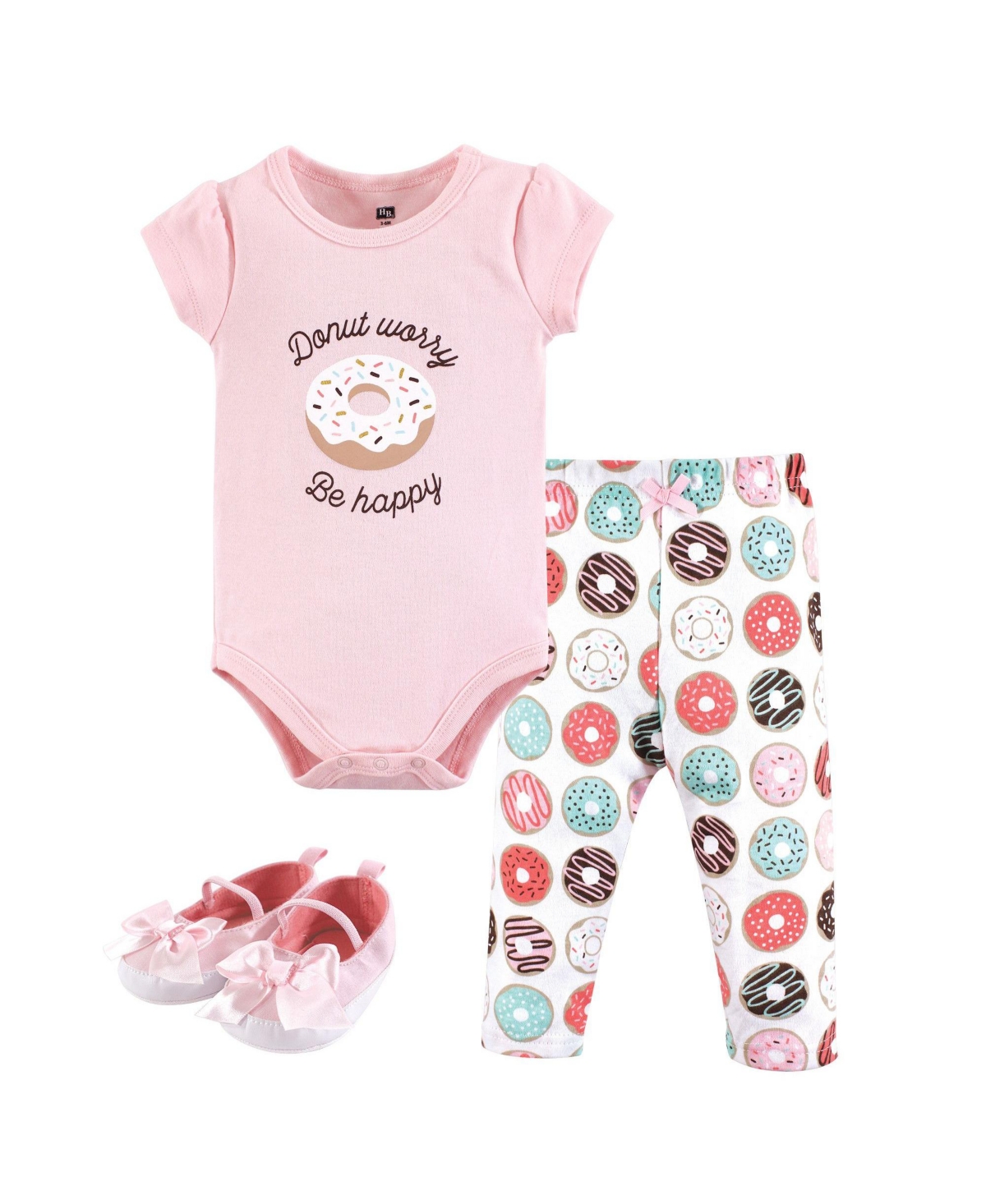 Hudson Baby Baby Girls Hudson Cotton Bodysuit, Pant and Shoe 3pc Set, Donut Worry