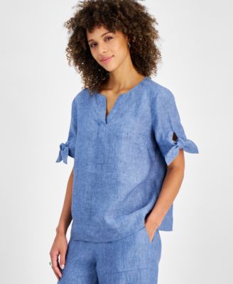Women's 100% Linen Split-Neck Tie-Cuff Top, Created for Macy's