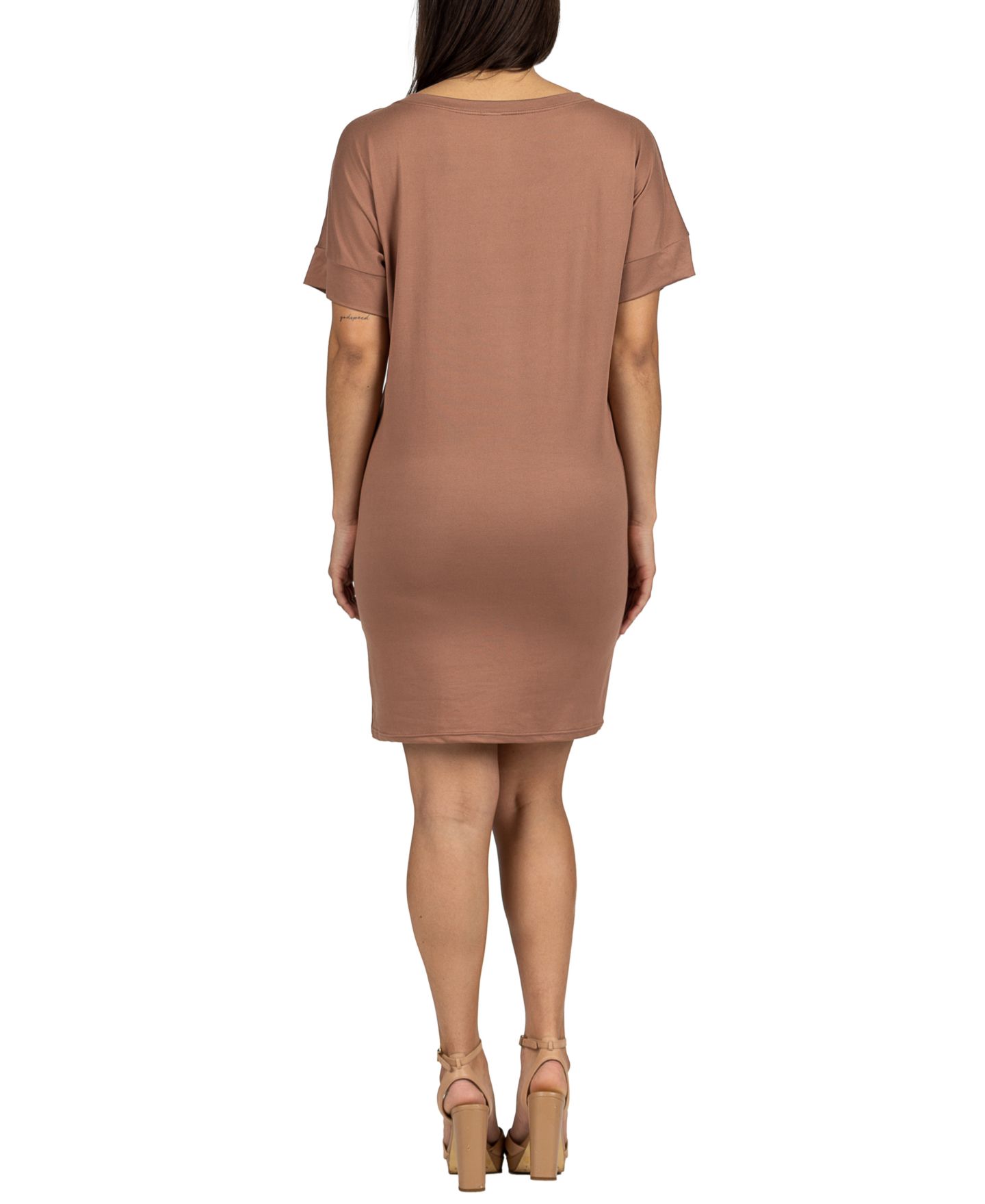 Женское платье 24seven Comfort Apparel Solid Color Loose Fit V Neck T Shirt Style Knee Length, цвет: Мокко — фото 2