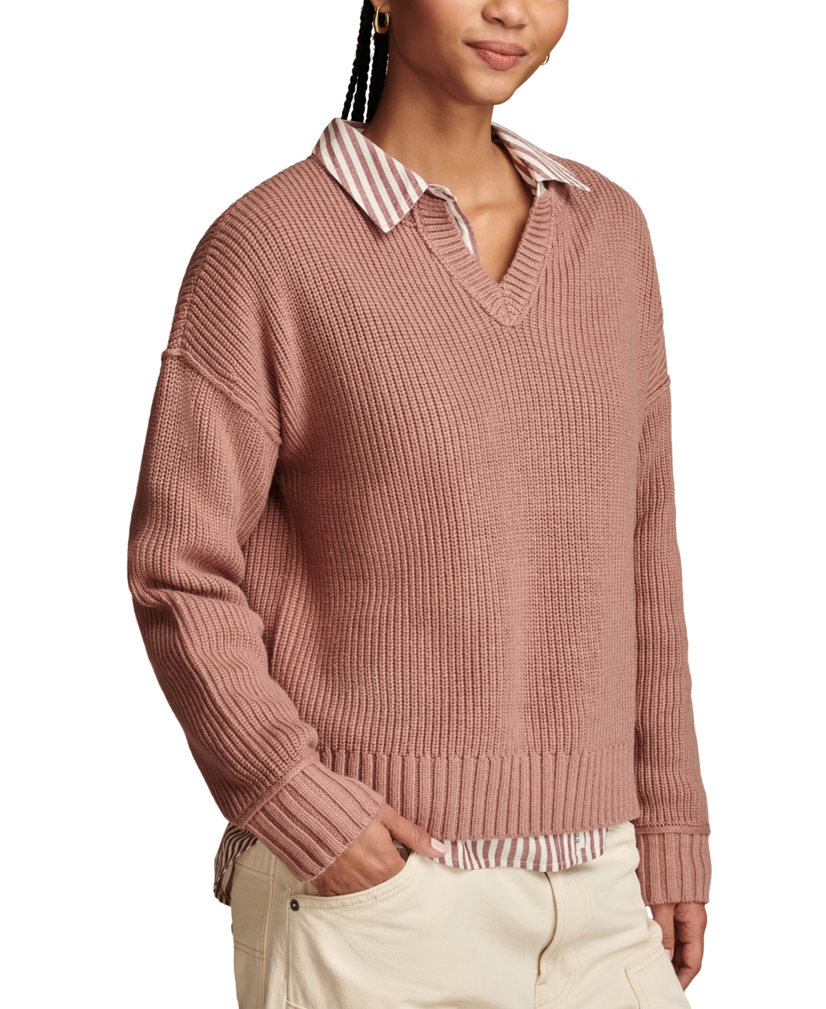 Lucky Brand Women's Striped Notched-Neck Sweater