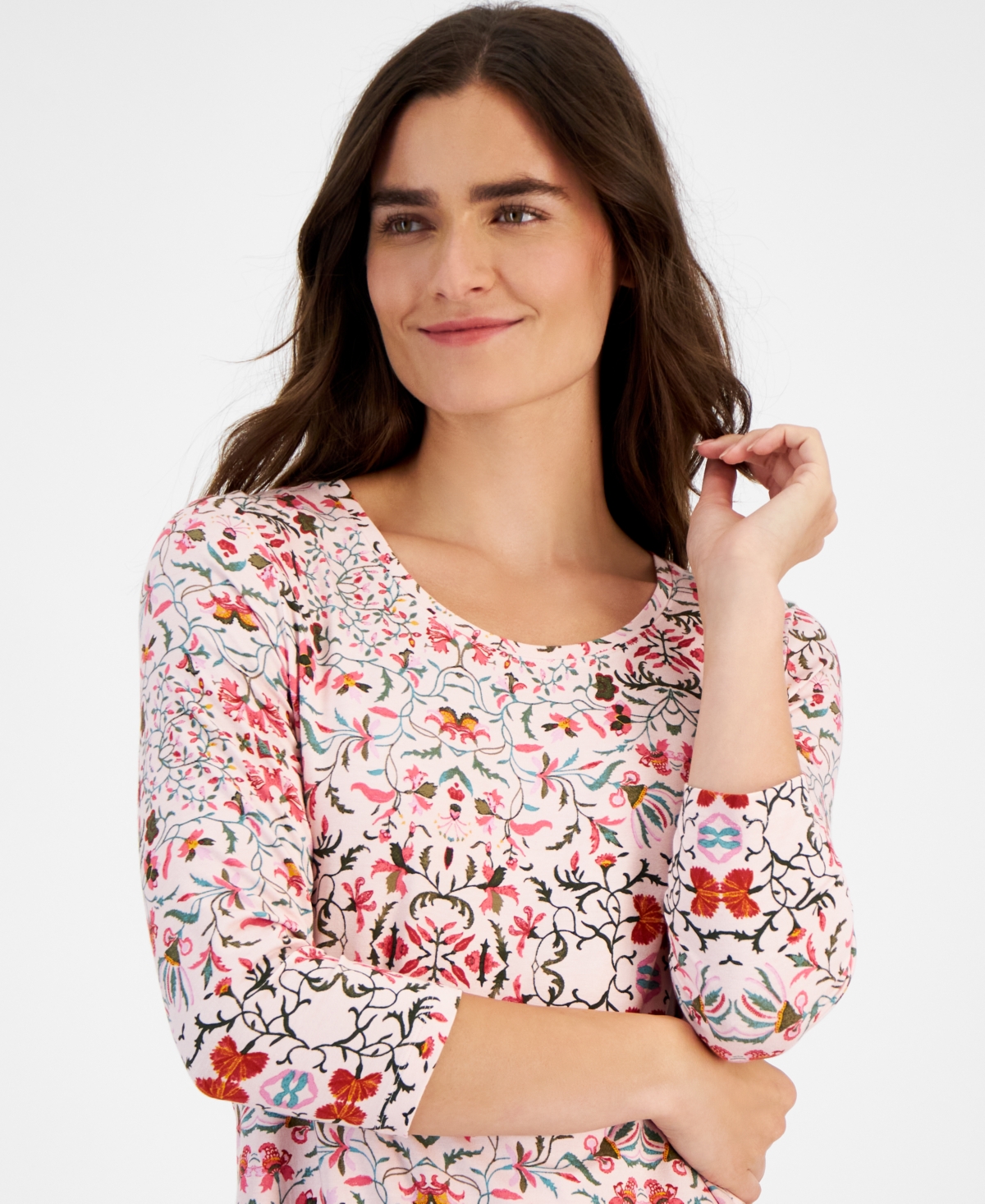 Jm Collection Petite Vintage Trellis 3/4-Sleeve Top, Created for Macy's