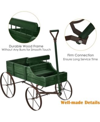 Wooden Wagon Plant Bed with Metal Wheels for Garden Yard Patio