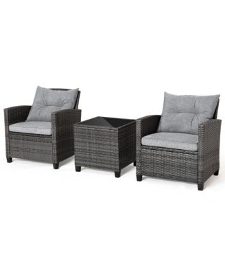 3PCS Patio Rattan Sofa Set Outdoor Wicker Conversation Set Glass Tabletop w/ Grey Cushion