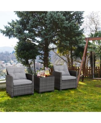 3PCS Patio Rattan Sofa Set Outdoor Wicker Conversation Set Glass Tabletop w/ Grey Cushion