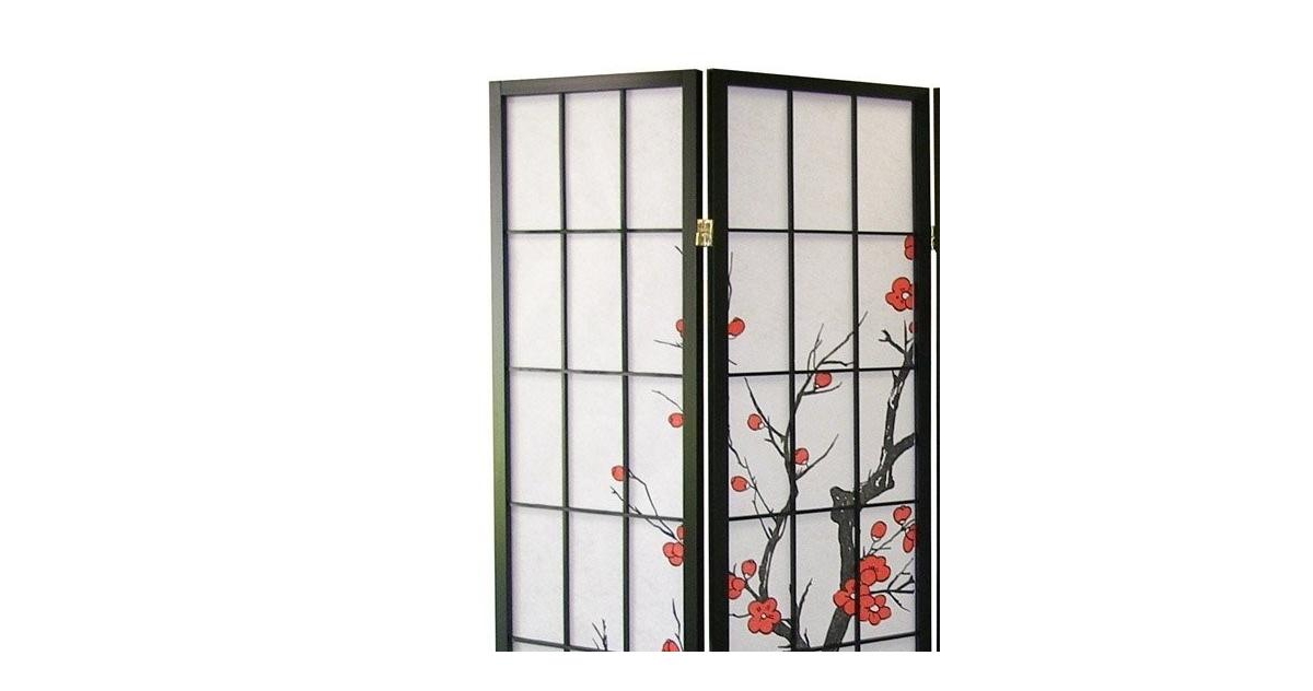 Black Japanese 4-Panel Screen Room Divider, Plum Blossom
