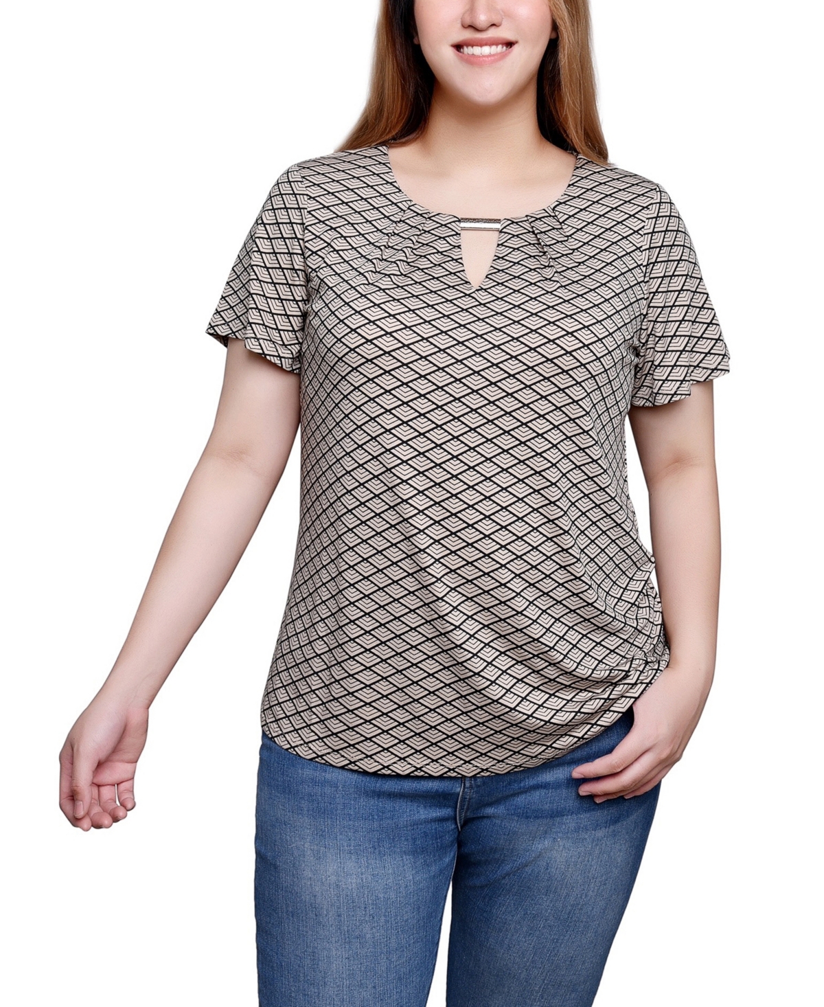 Ny Collection Short Sleeve Top With Hardware In Black Tan Arrow