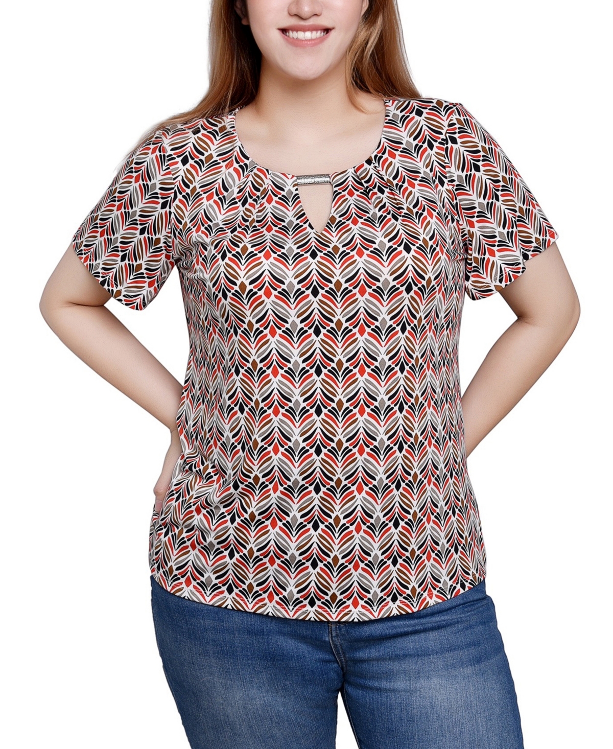 Ny Collection Short Sleeve Top With Hardware In Diamond Feather
