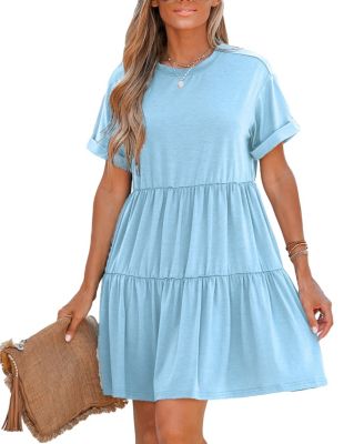 Cupshe Women's Blue Round Neck Short Sleeve Drop Shoulder Mini Beach Dress  - Macy's