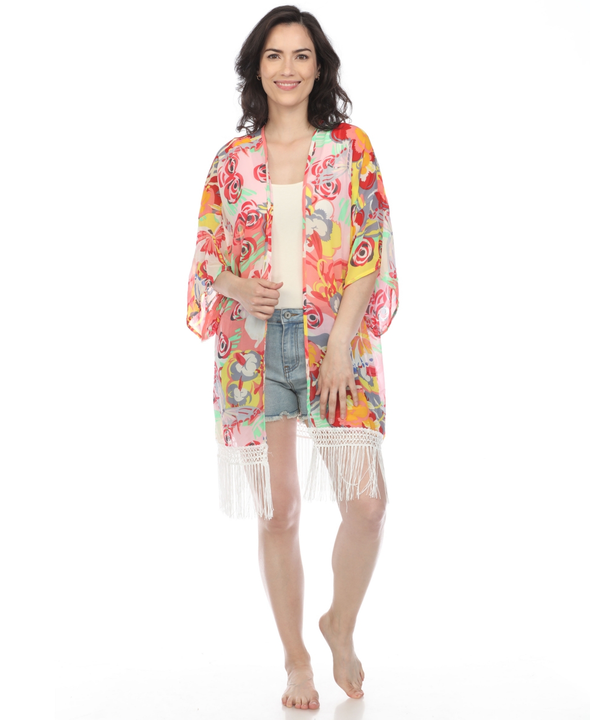 Women's Sheer Fringe Kimono - Beige