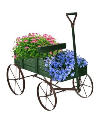 Wooden Wagon Plant Bed with Metal Wheels for Garden Yard Patio