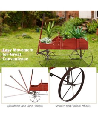 Wooden Wagon Plant Bed with Metal Wheels for Garden Yard Patio