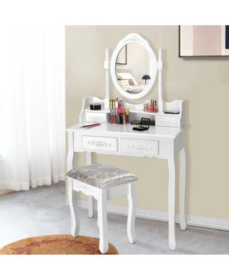 Vanity Table Set with Oval Mirror and 4 Drawers