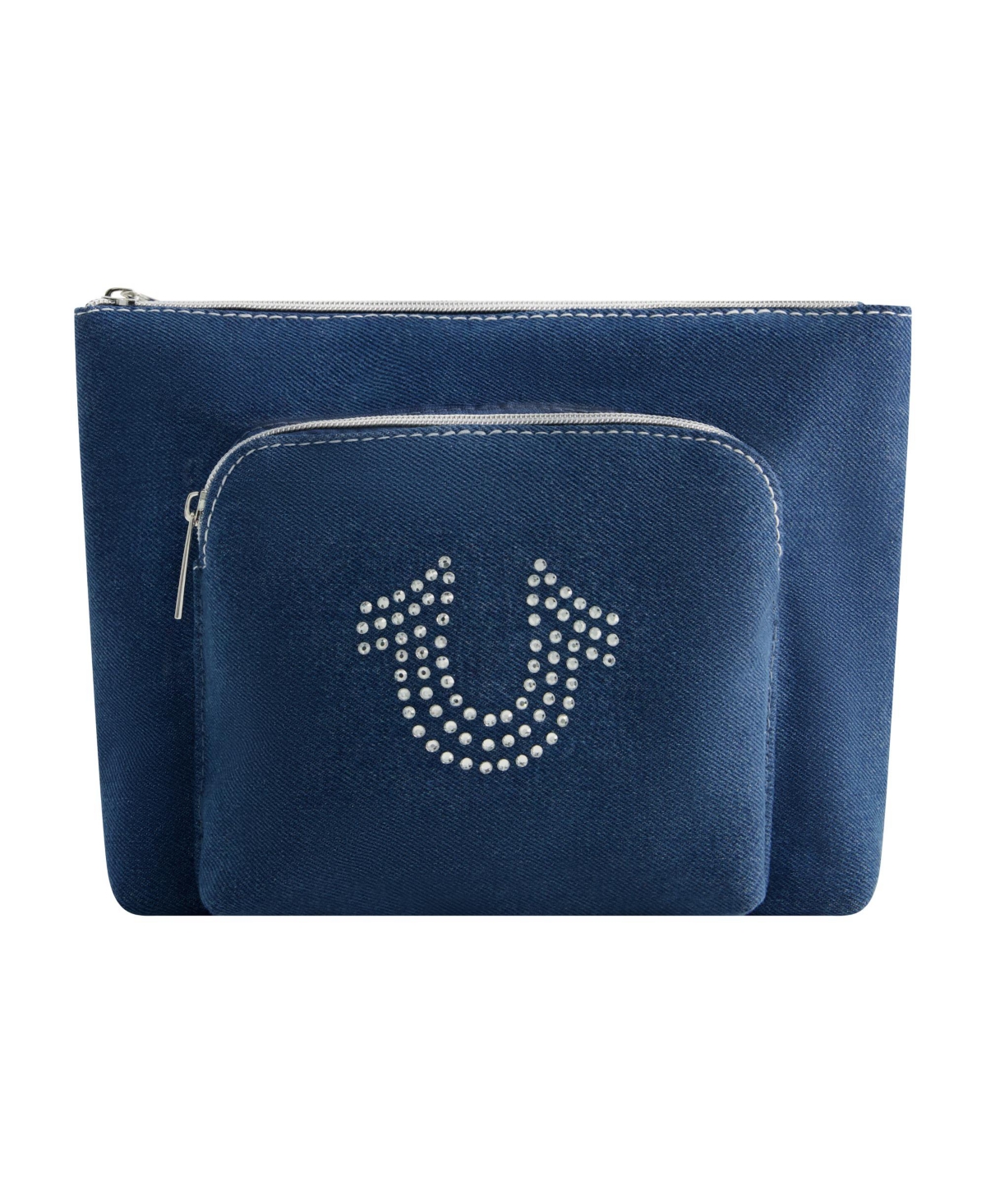 Trapazoid zip cosmetic bag with exterior zip pocket - Blue