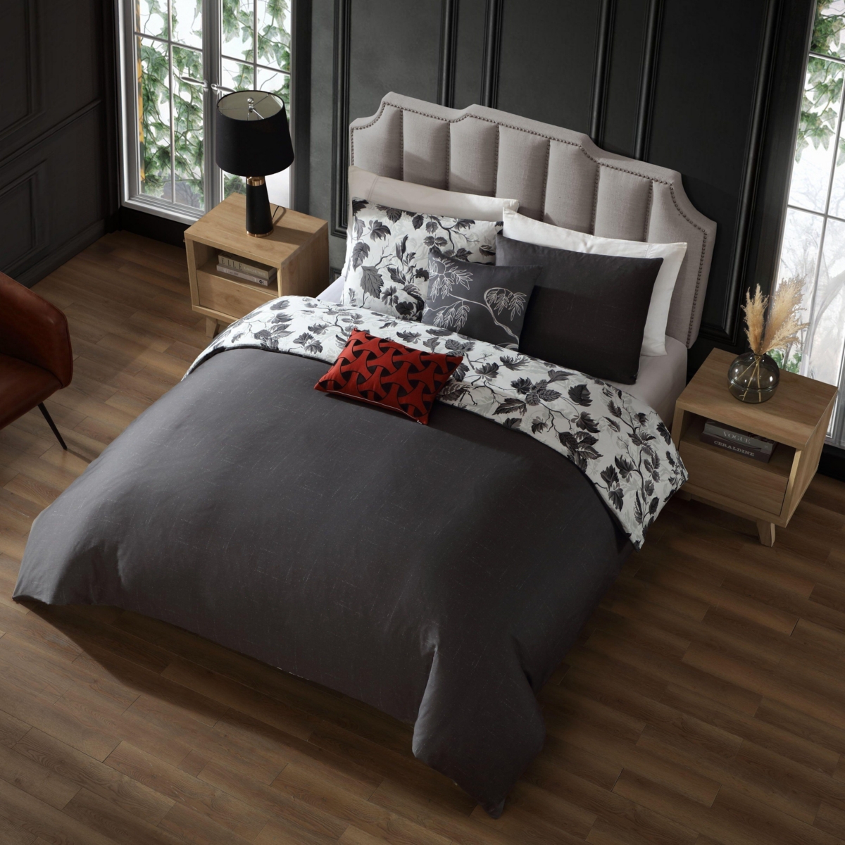 BebejanLeaves Bedding 200 Thread Count 100% Cotton Sateen 5 Piece Reversible Comforter Set - Grey