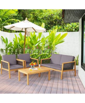 4PCS Patio Acacia Wood Furniture Set PE Rattan Conversation Set w/ Grey Cushions