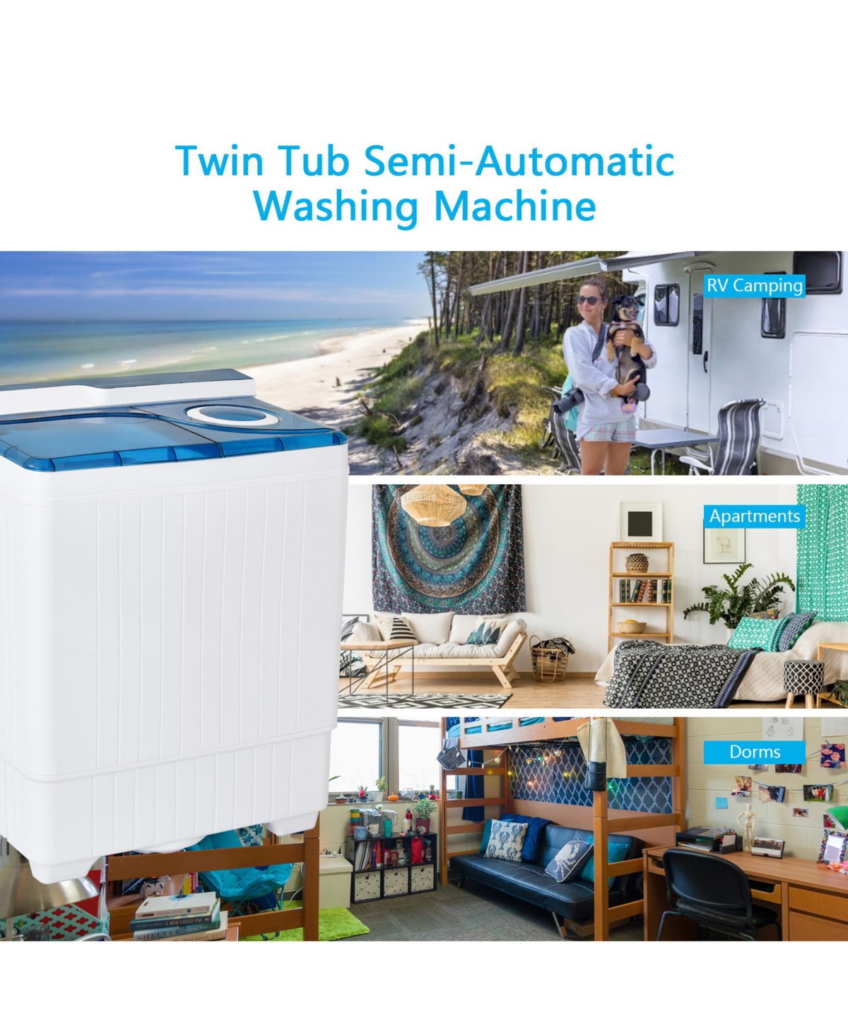 Gymax Portable Semi-automatic Washing Machine lbs Twin Tub Laundry Washer Blue - White+blue