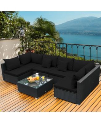 7 Pieces Sectional Wicker Furniture Sofa Set with Tempered Glass Top-Black
