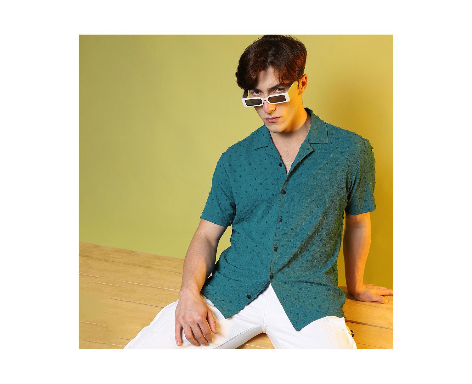 Men's Teal Green Self-Design Pom-Pom Shirt