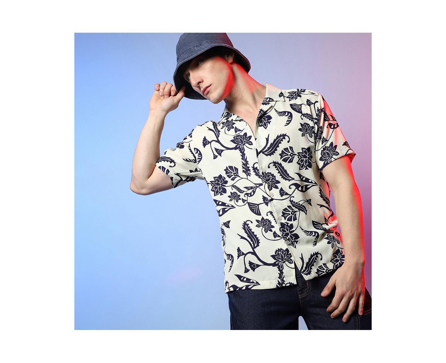 Men's Midnight Black & Ivory White Contrast Flower Shirt