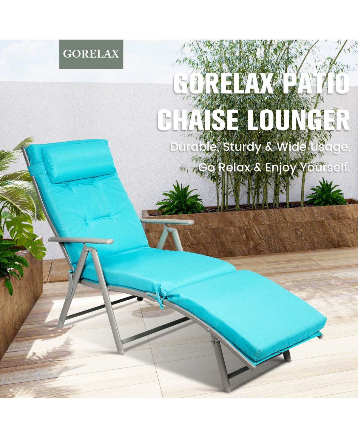 Inolait Adjustable Outdoor Lightweight Folding Chaise Lounge Chair with Pillow-Blue