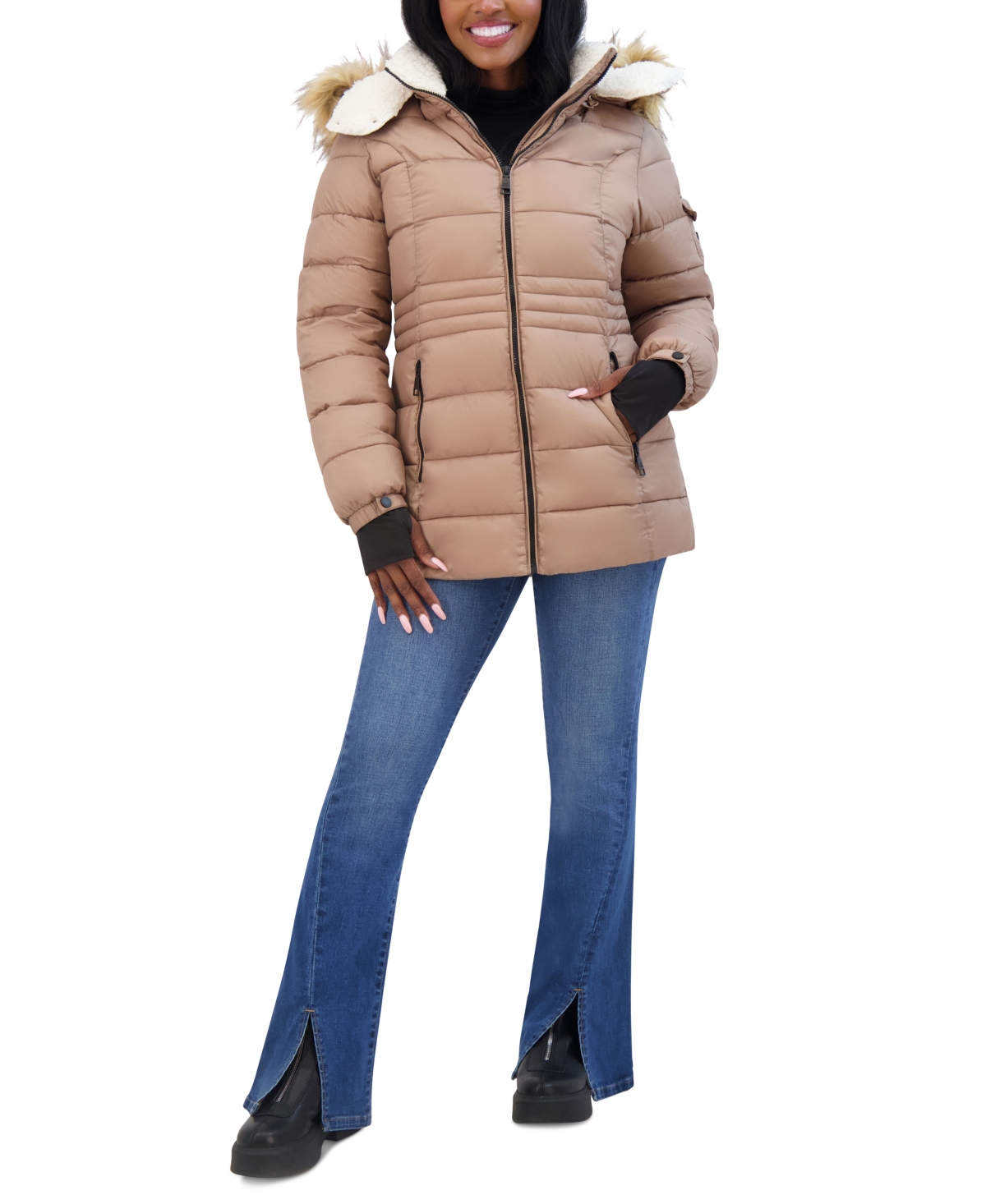 Steve Madden Juniors' Faux-Fur-Trim Hooded Puffer Coat, Created for Macy's