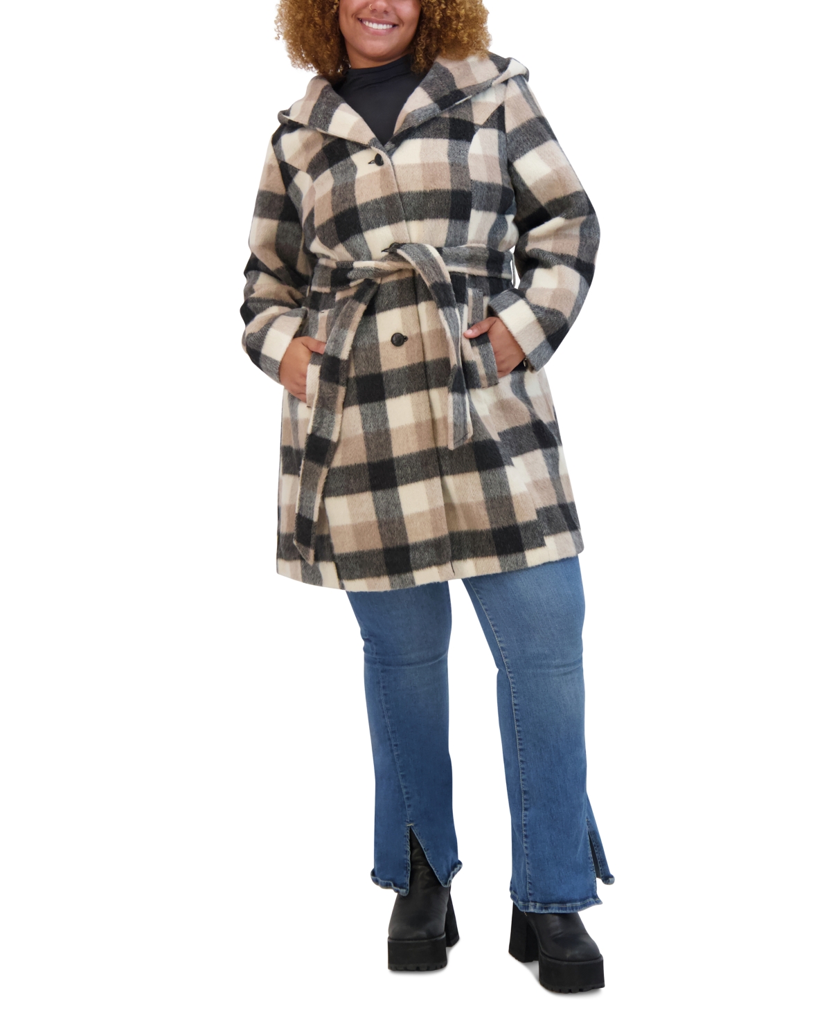 Steve Madden Plus Size Hooded Belted Button-Front Coat, Created for Macy's -Black