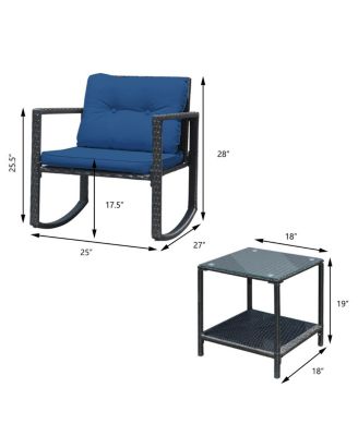 3 Pieces Cushioned Patio Rattan Set with Rocking Chair and Table
