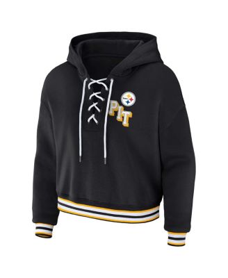 Women's Black Pittsburgh Steelers Plus Size Lace-Up Pullover Hoodie Sweatshirt