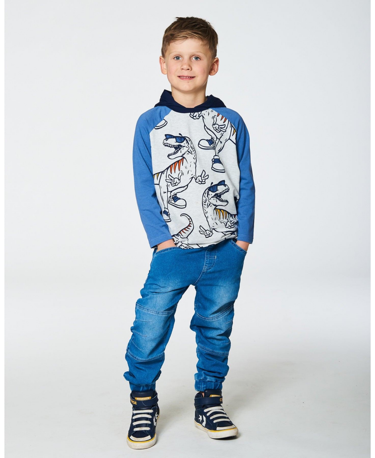 Deux par Deux Toddler Boys Raglan Hooded T-Shirt Gray Mix And Blue - Gray mix and blue