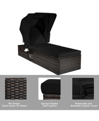 Set of 2 Rattan Patio Chaise Lounge Chair W/ Adjustable Canopy Black Cushion