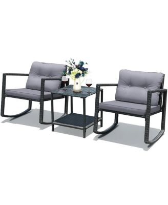 3 Pieces Cushioned Patio Rattan Set with Rocking Chair and Table-Grey
