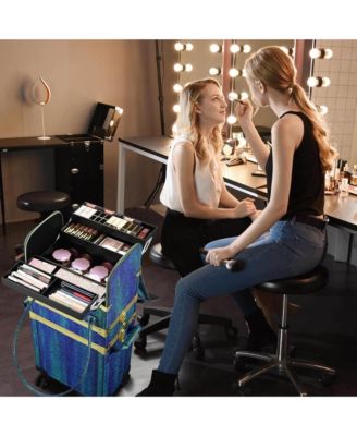 Malachite Green Makeup Train Case Lockable Rolling Cosmetic Trolley