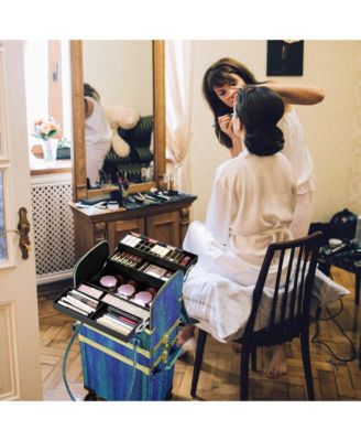 Malachite Green Makeup Train Case Lockable Rolling Cosmetic Trolley