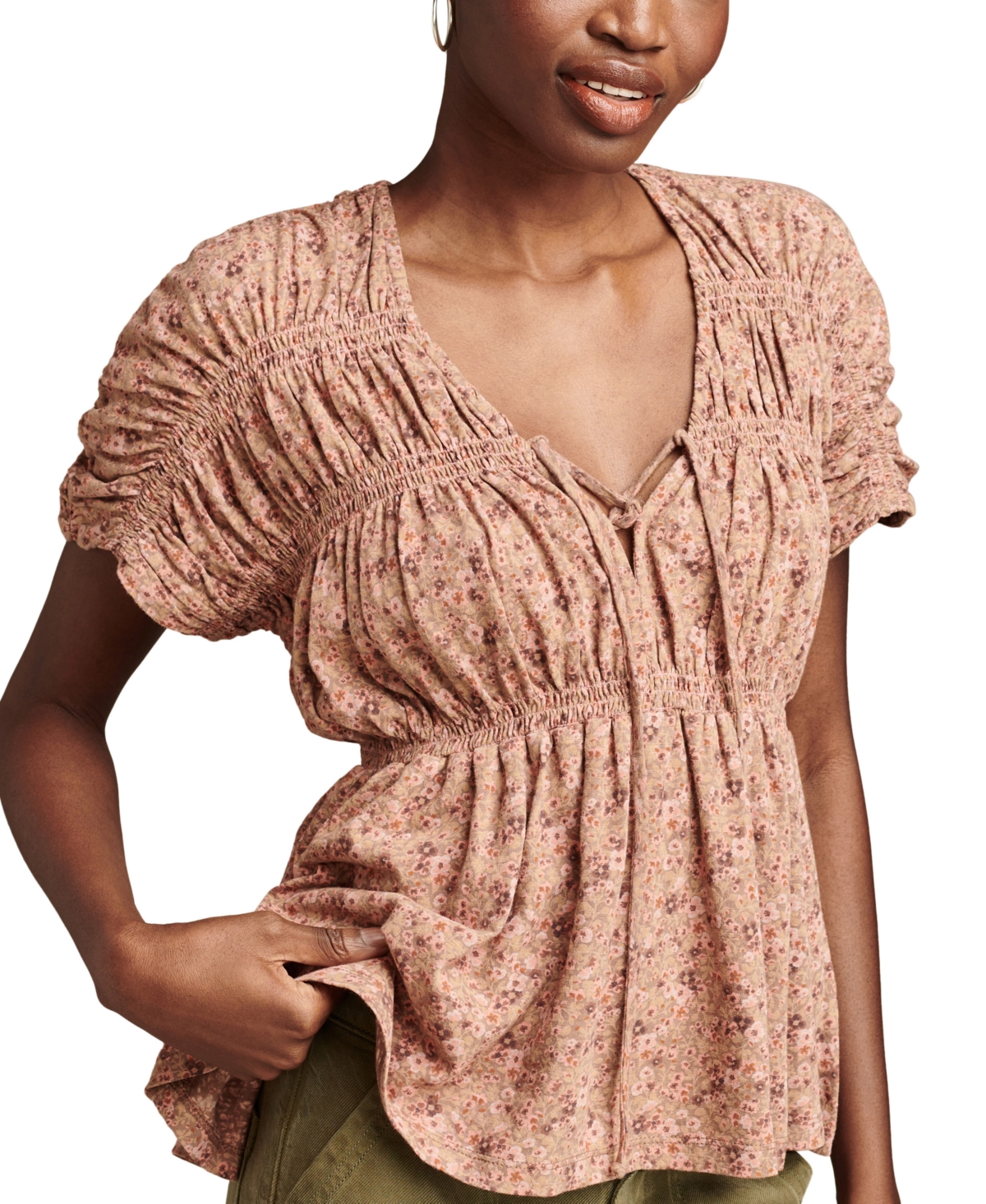 Lucky Brand Women's Printed Cotton Smocked Peplum Top