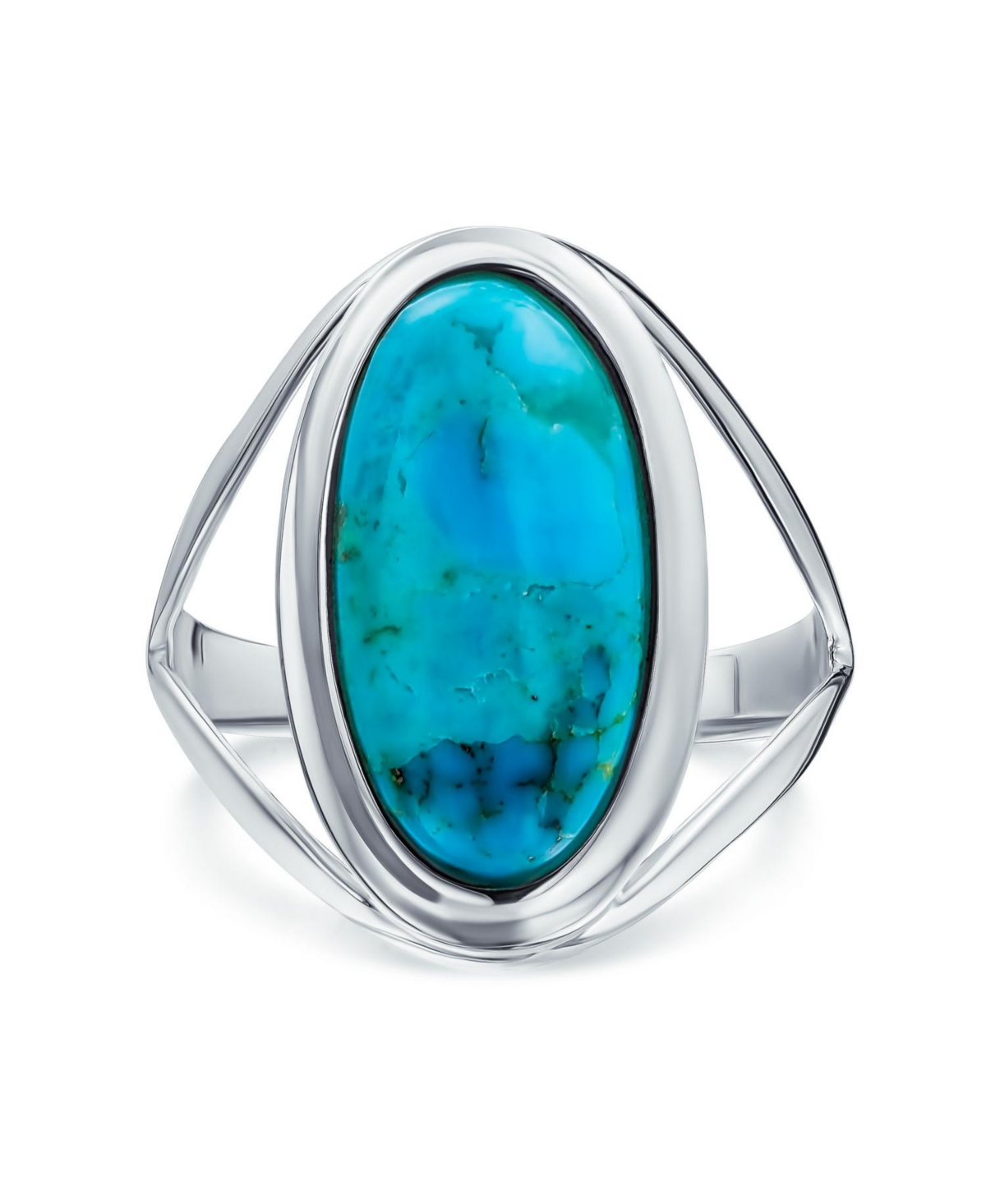 Simple Large Dome Oval Cabochon Gemstone Bezel Set Blue Turquoise Western Statement Ring For Women Split Band .925 Sterling Silver - Blu