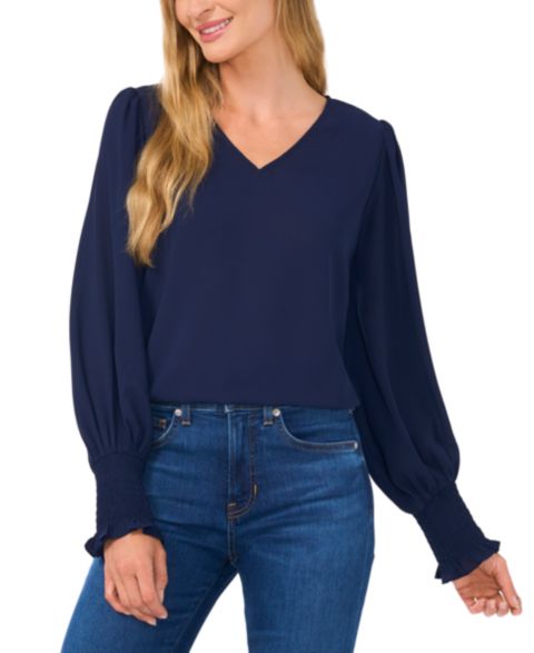 Женская блузка CeCe Long-Sleeve Smocked-Cuff V-Neck, цвет: Тёмно-синий