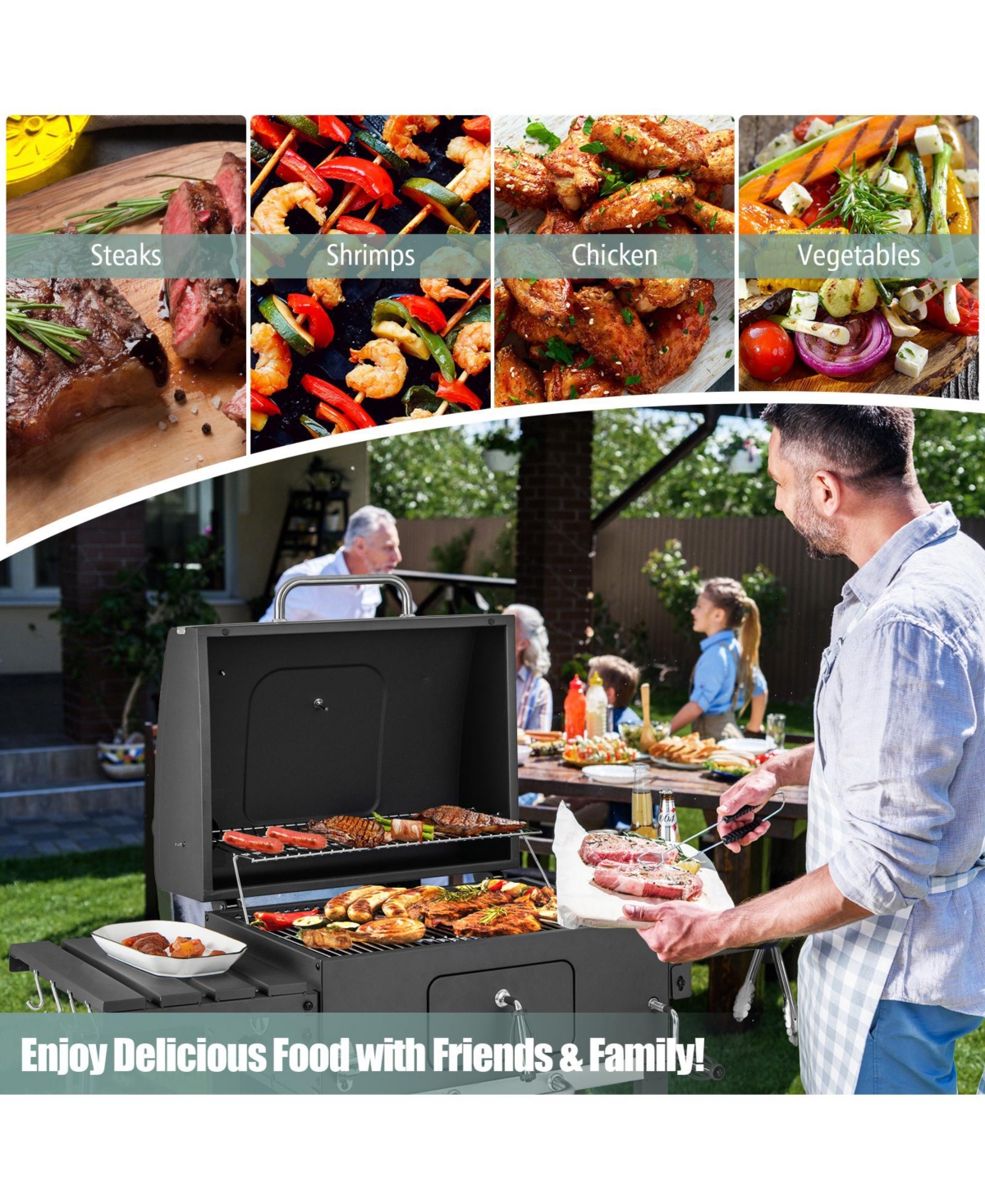 Slickblue Outdoor Bbq Charcoal Grill with 2 Foldable Side Table and Wheels