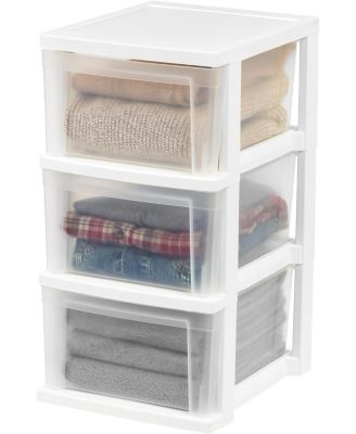 USA 3-Drawer Plastic Storage Dresser, 2-Pack, Standing Organizer Storage Container Bin with Drawers for Clothes Crafts Classroom, White/Clear